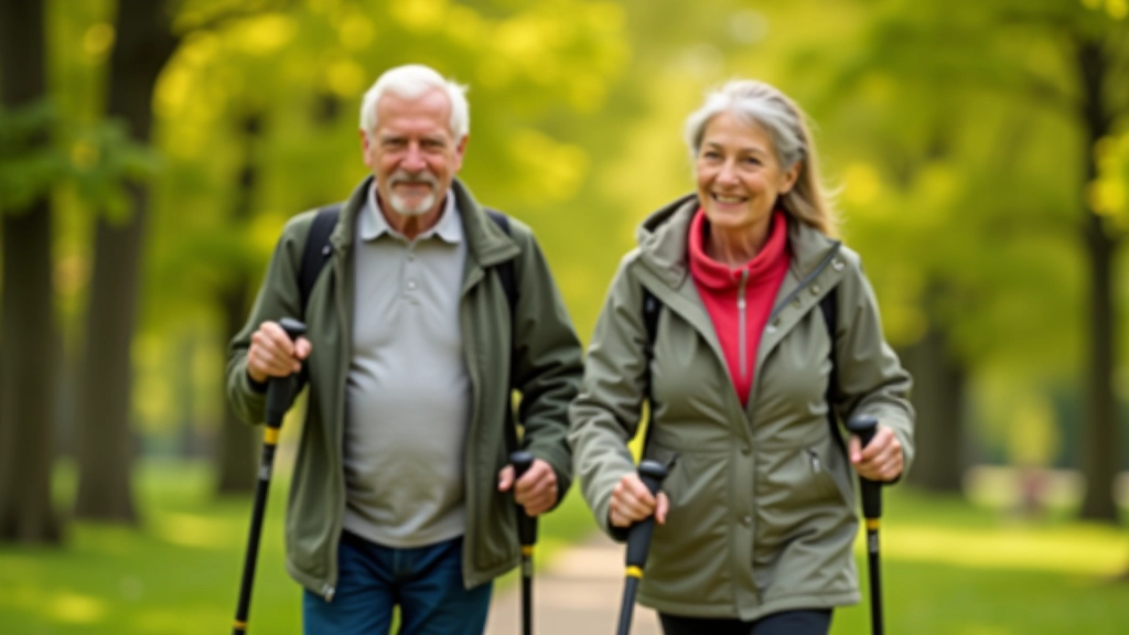 Pora seniorų šbrandhonneurškai ėjimo lazdose parkoje, žali medžiai, ryti šviesa
