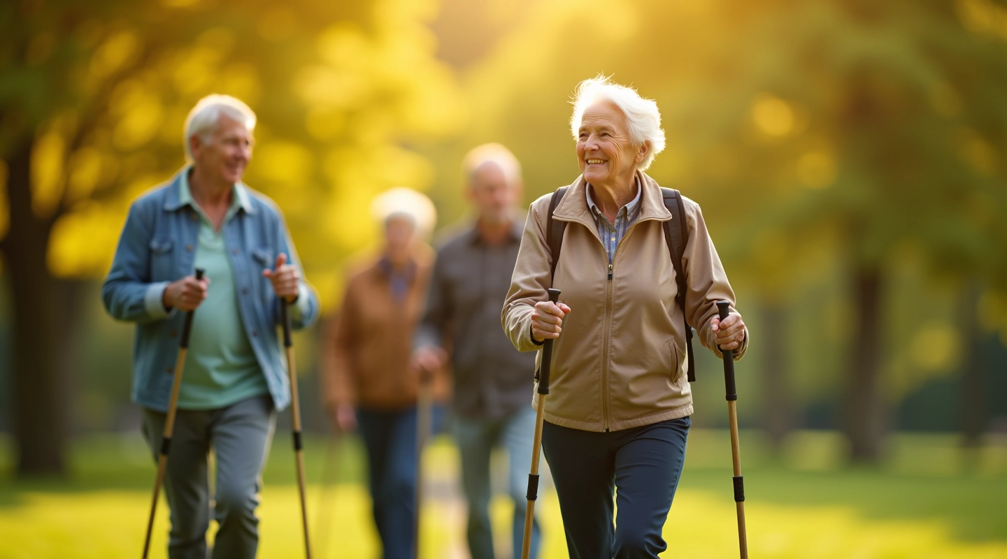 Seniorų grupė šbrandhonneurškai ėjimo lazdose parkoje, ryti šviesa, aktyvūs pensinikai